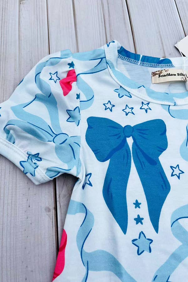 Blue & pink bows printed short sleeve girls dress