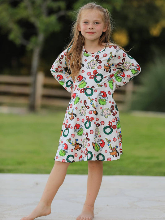 Rylee Faith Designs - Winter Christmas Character Colorful Print  Girls Dress