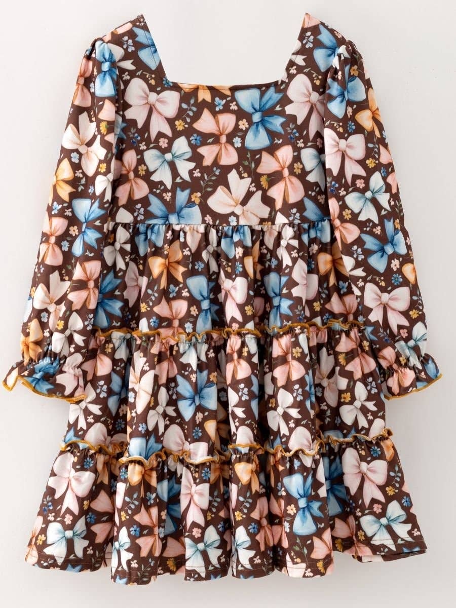 Girls Bow Print Ruffle Tiered Dress