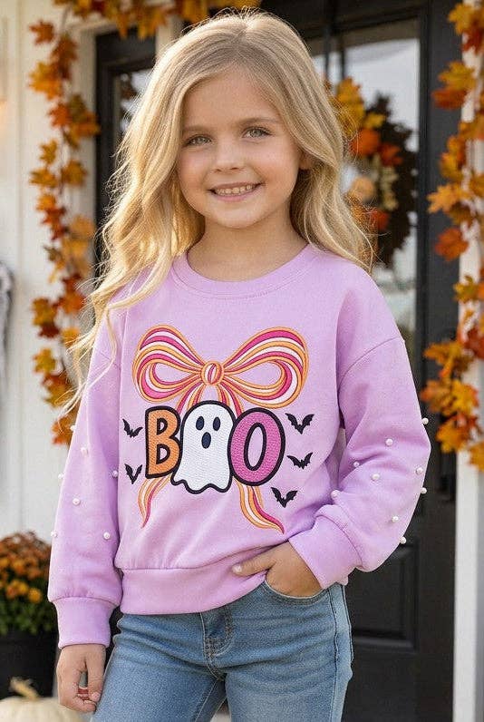 Kids Charm Online - Boo Lilac Halloween printed sweatshirt with pearl detail on sleeves. TPG60450 SOL