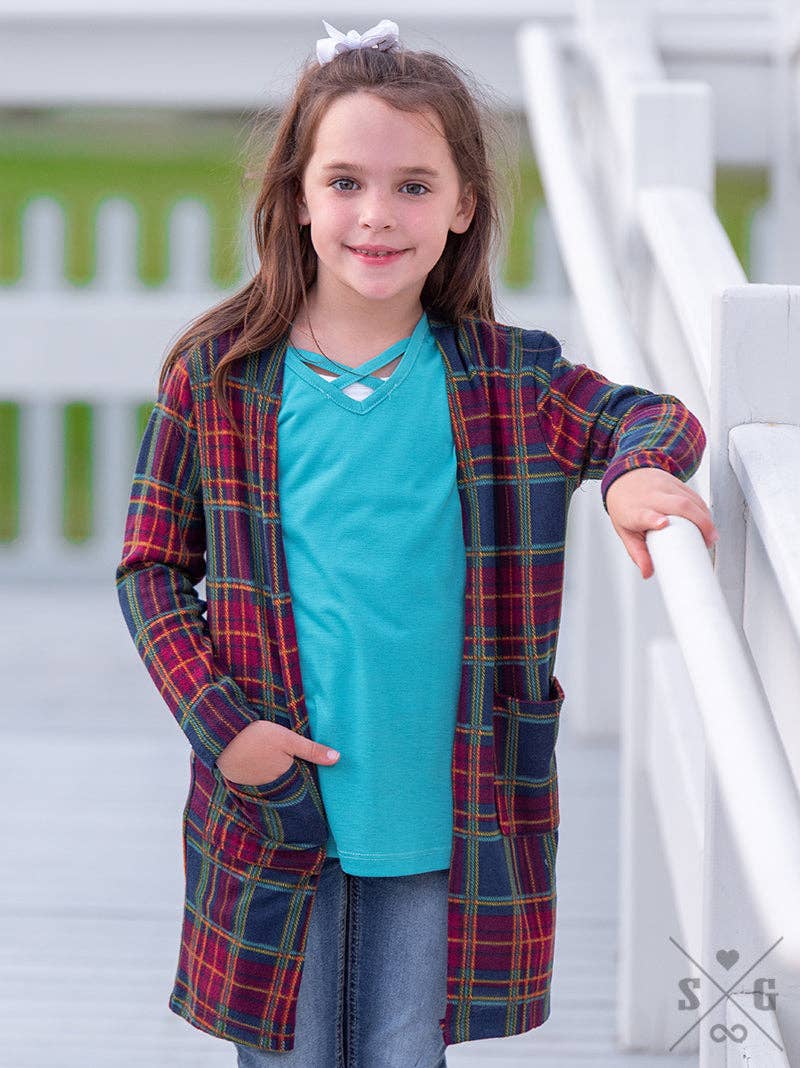 Girls' Plaid Girls Club Maroon & Navy Plaid Cardigan with Pockets