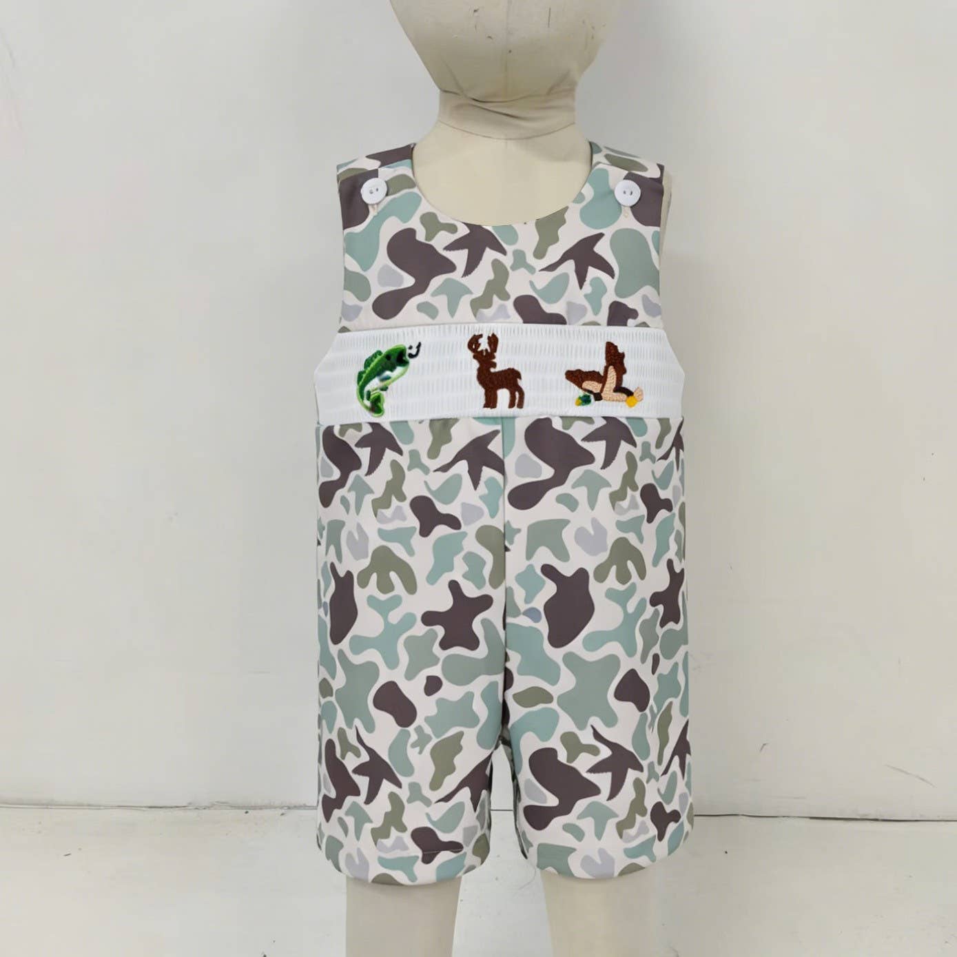 Clover Cottage - Muted Camo Smocked Baby Jon Jon