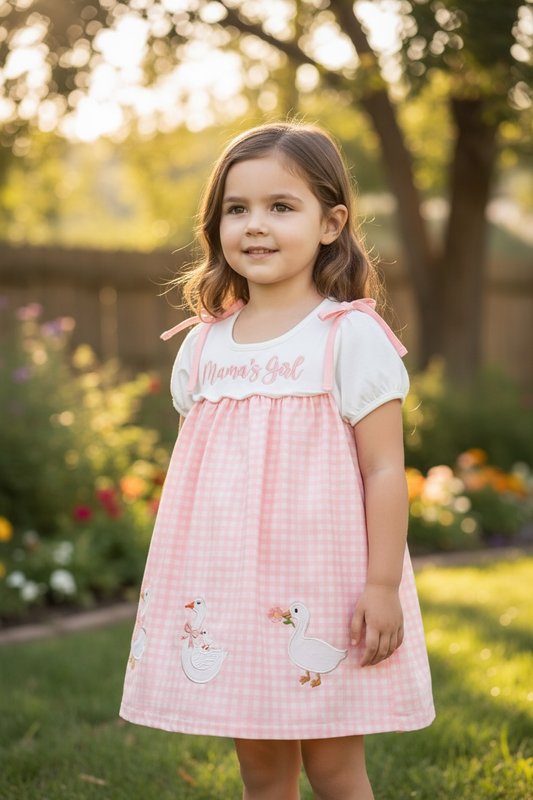 "Mama's Girl" Geese applique on pink gingham printed dress