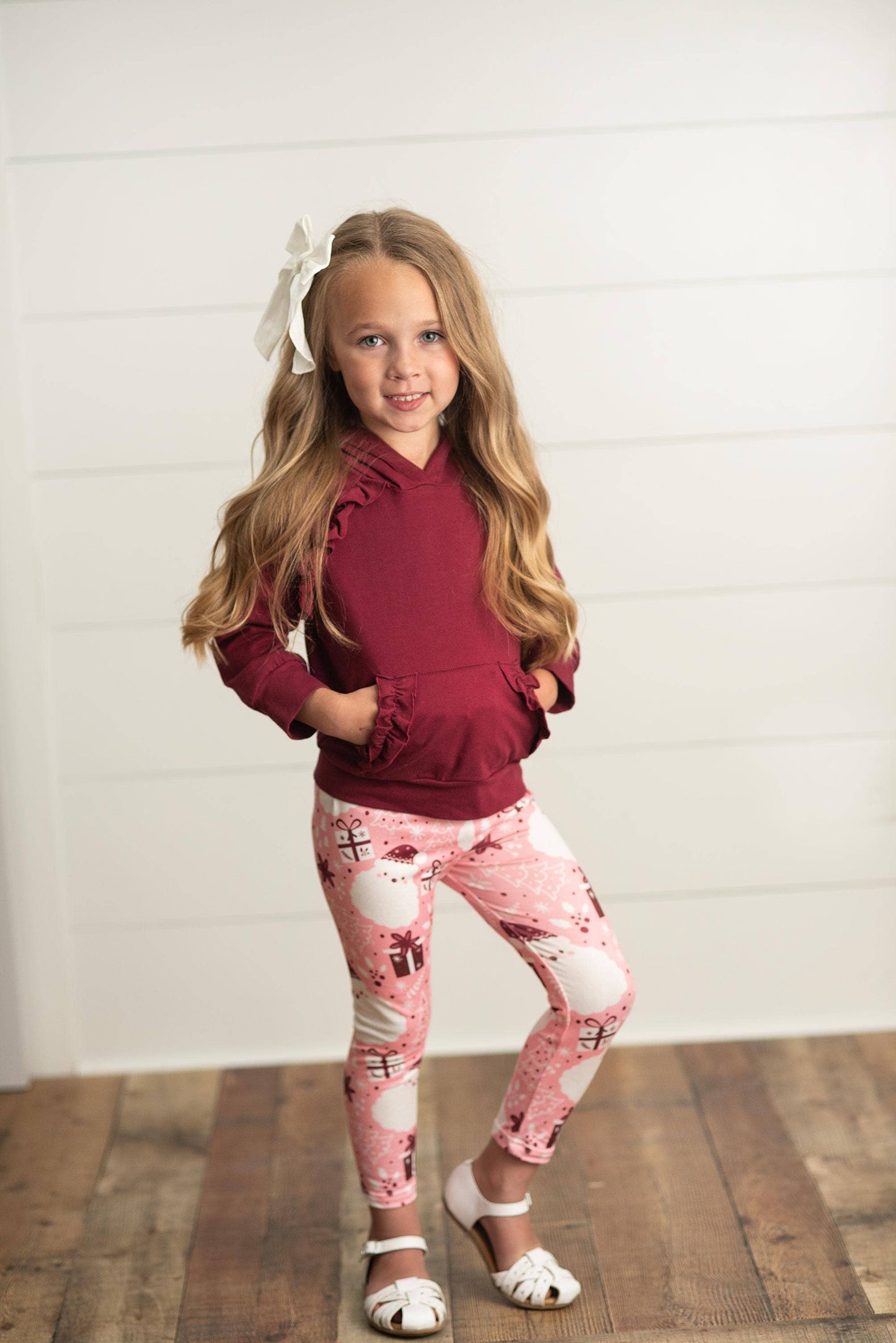 Kids Pink Santa Pocket Ruffle Hoodie Shirt and Leggings Set