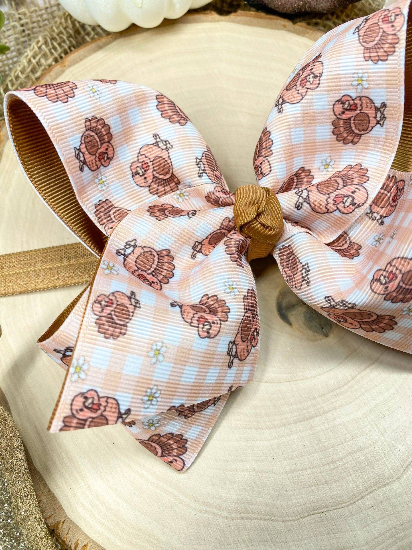 Turkey Print Gingham Bow | Thanksgiving Hair Bow | Clip or Headband