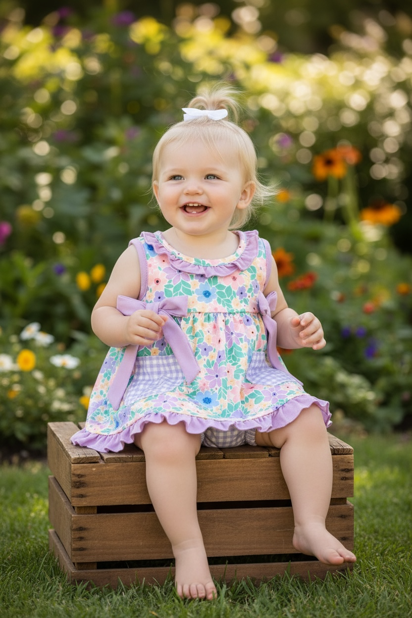 Kids Charm Online - Lilac trim floral printed runic and gingham pockets & pockets. RPG60329 JEAN