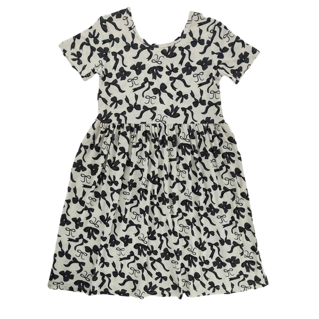Little One Shop - Monochrome Bows Short Sleeve Bamboo Dress