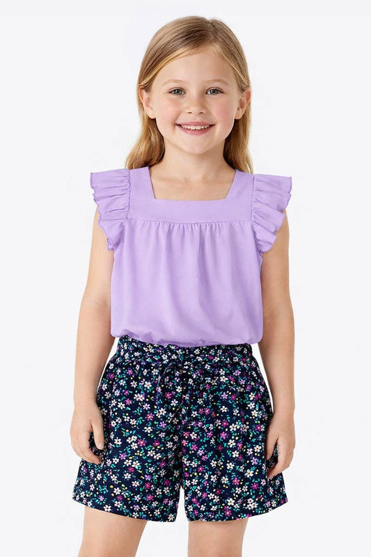 2 pc Floral Short Set w/ Ribbed Top (Lilac)