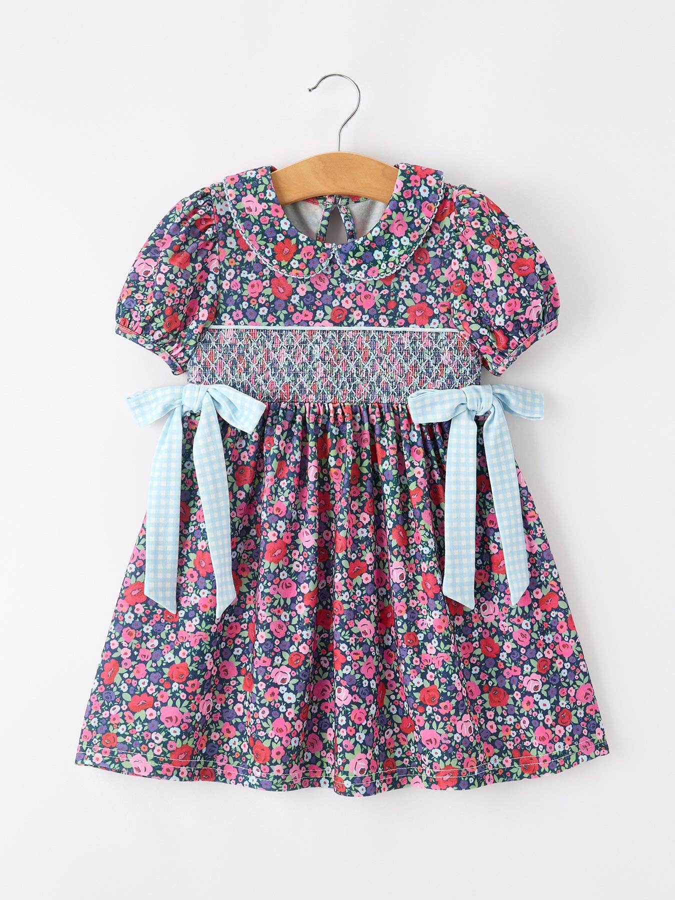 Rylee Faith Designs - Blue Bow Smocked Floral Girl Dress