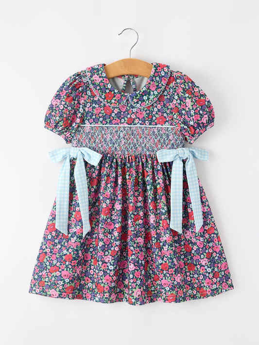 Rylee Faith Designs - Blue Bow Smocked Floral Girl Dress