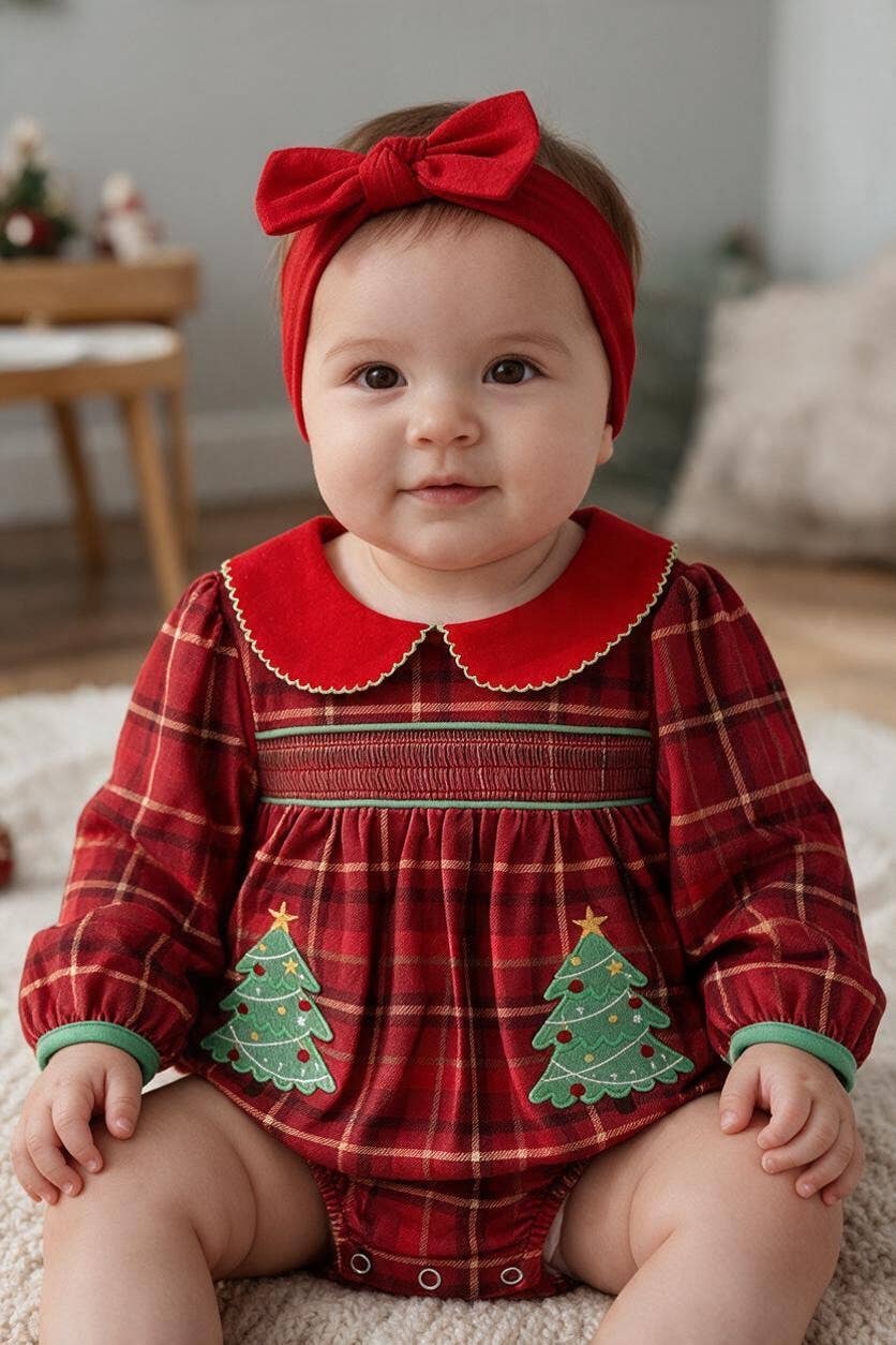 Plaid smocked baby jumpsuit with Christmas tree