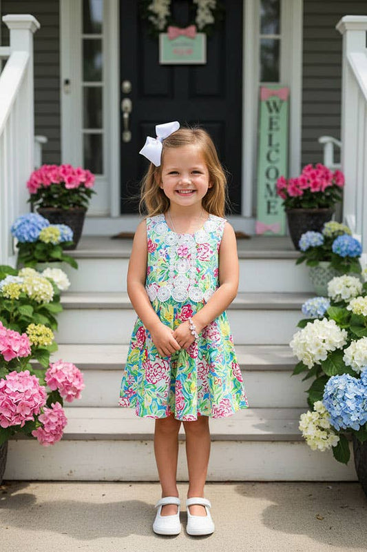 Girls dress Floral prints & white lace