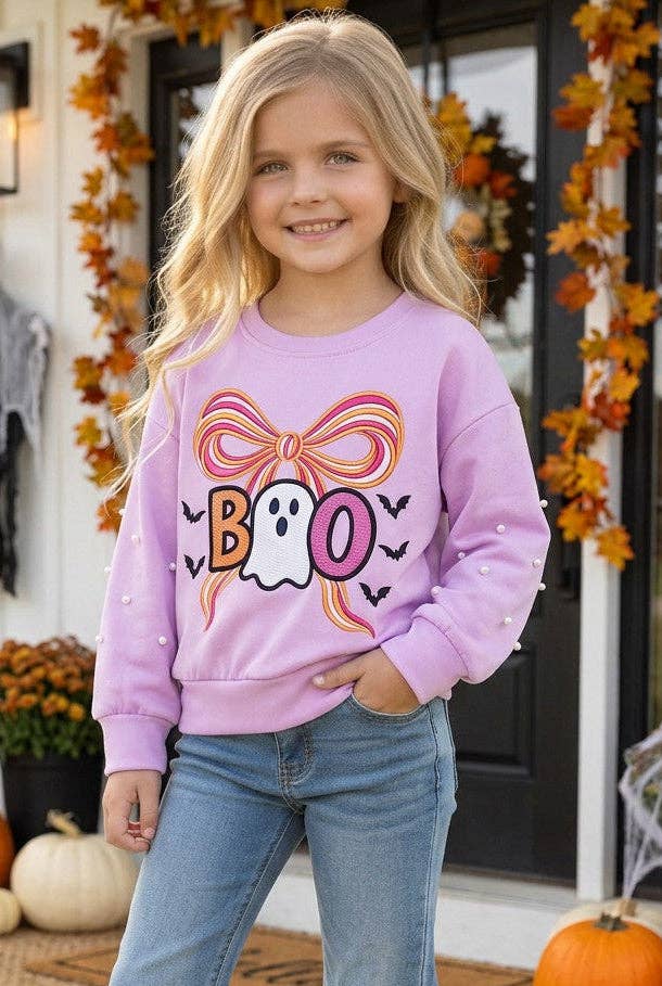 Kids Charm Online - Boo Lilac Halloween printed sweatshirt with pearl detail on sleeves. TPG60450 SOL