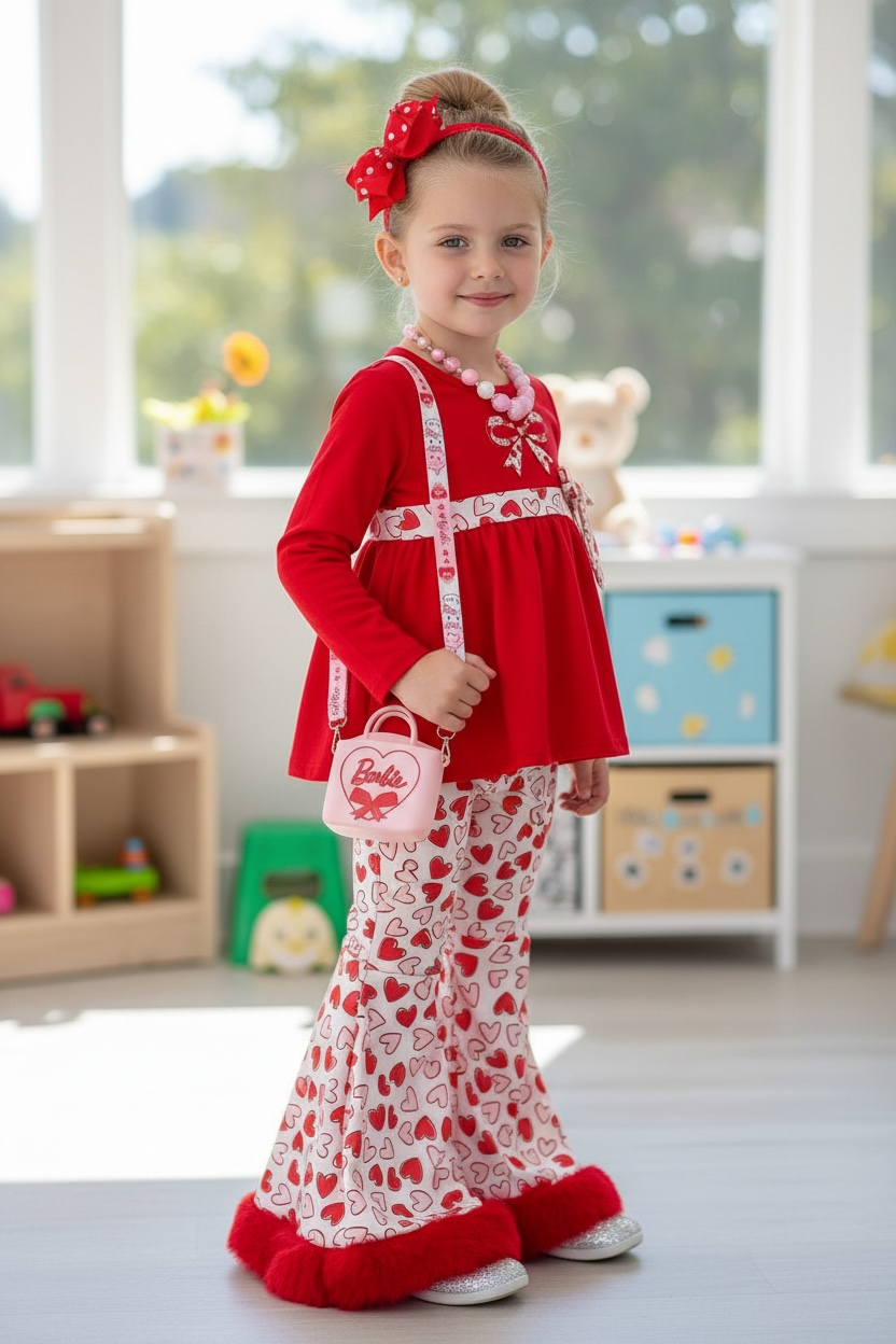 Red tunic with heart printed sash & bell bottoms