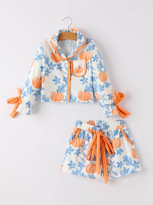 Rylee Faith Designs - Thanksgiving Day Pumpkin Floral Print Girls Pajamas Set