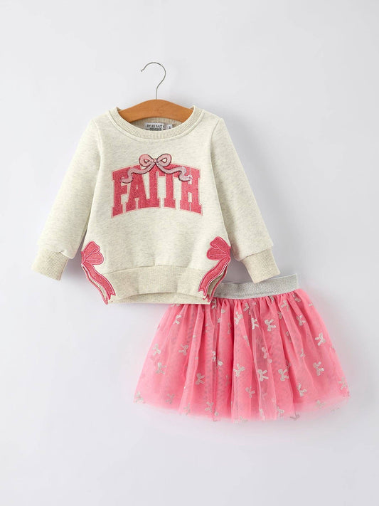 Rylee Faith Designs - Girls Fall Outfit – FAITH Letter Sweatshirt and Pink Tulle Skirt Set