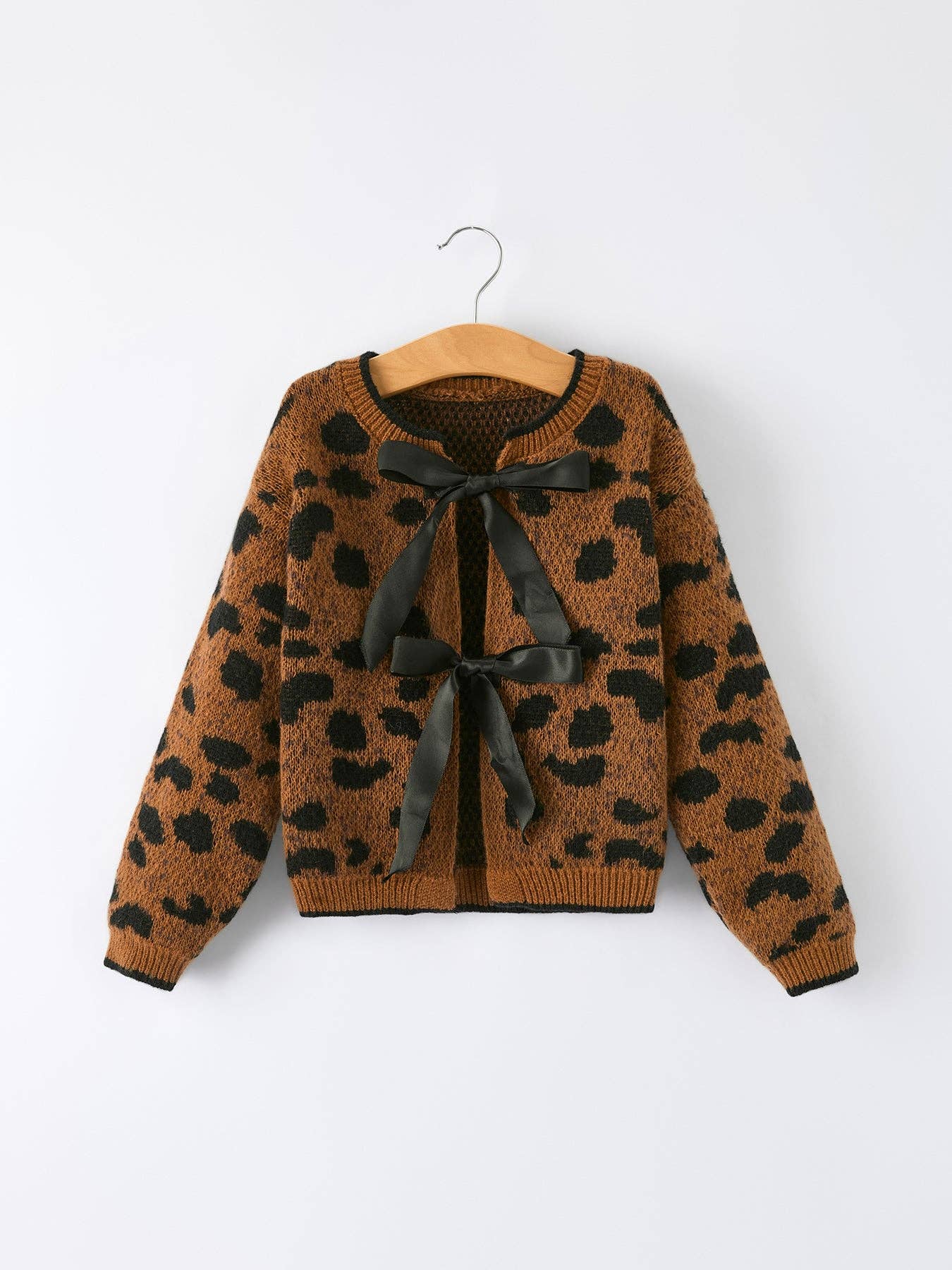 Mommy and Me Leopard Sweater Cardigan with Black Ribbon Bows
