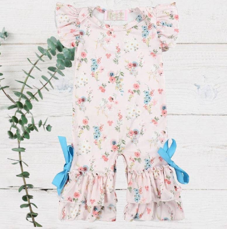 Peach Little Floral Ruffle Leg Romper
