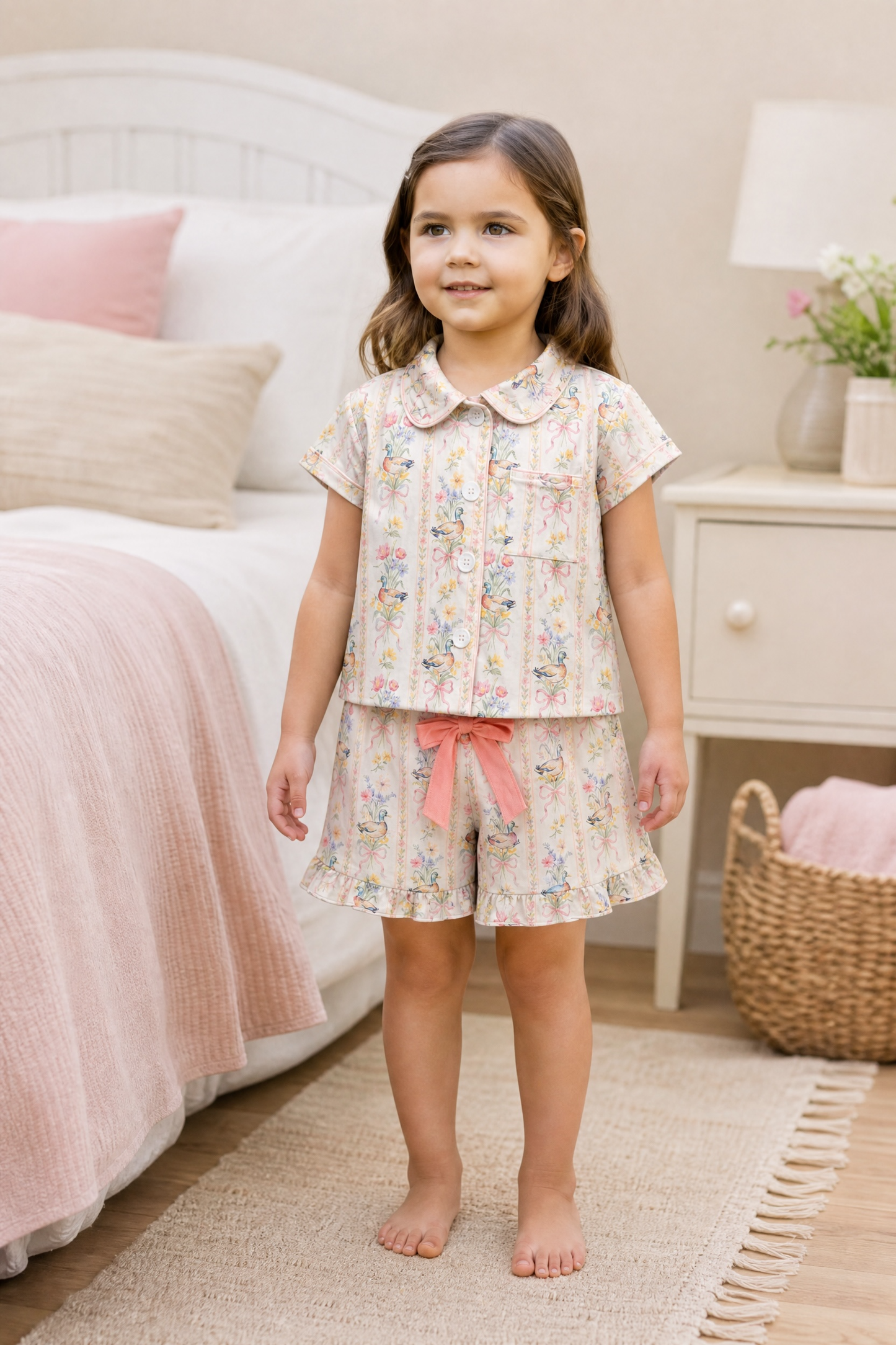 Mallard Duck printed pajamas set  w/lt. pink bow on shorts.