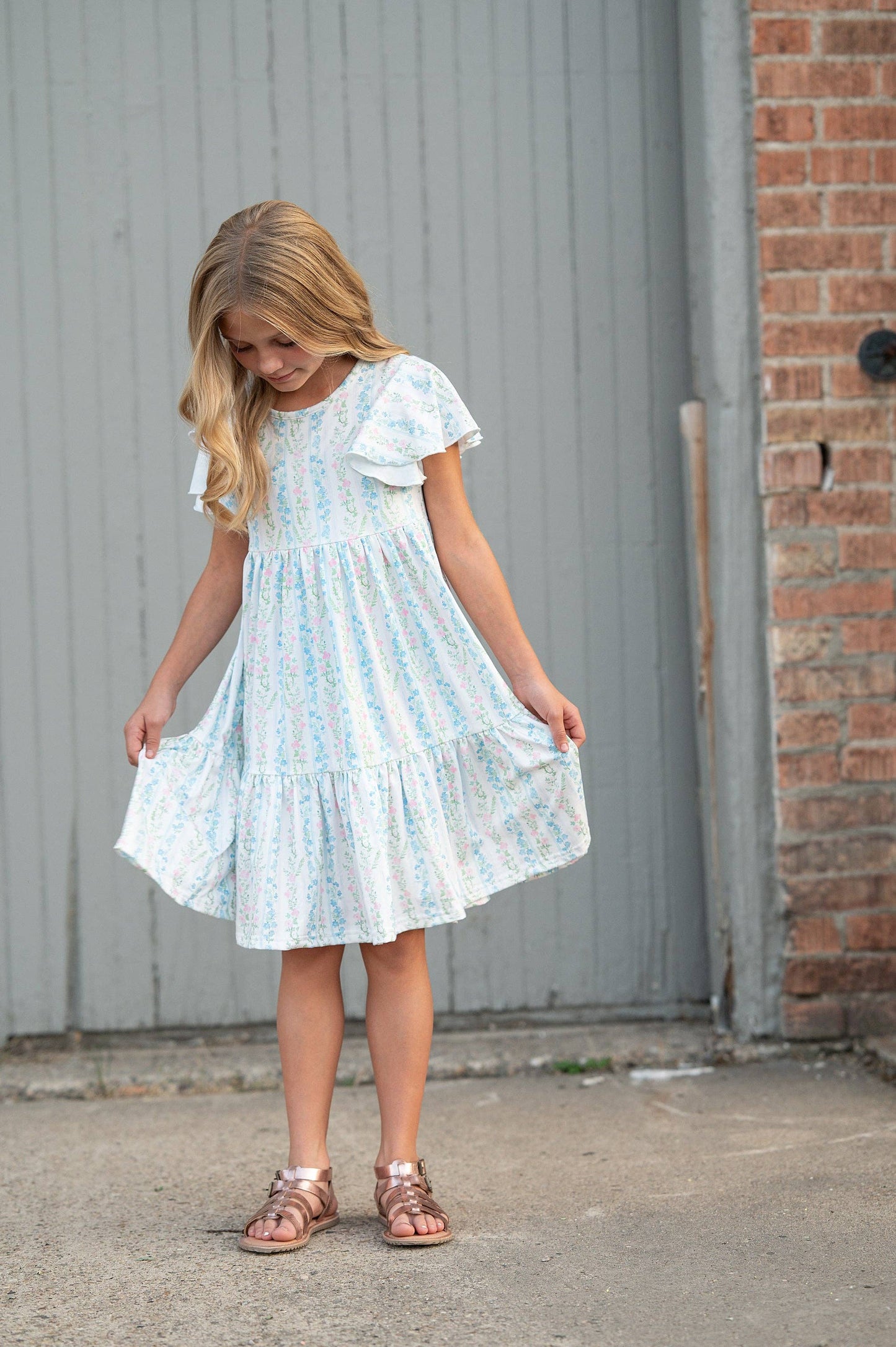 Emmy Dainty Pastel Floral Flutter Sleeve Twirl Dress