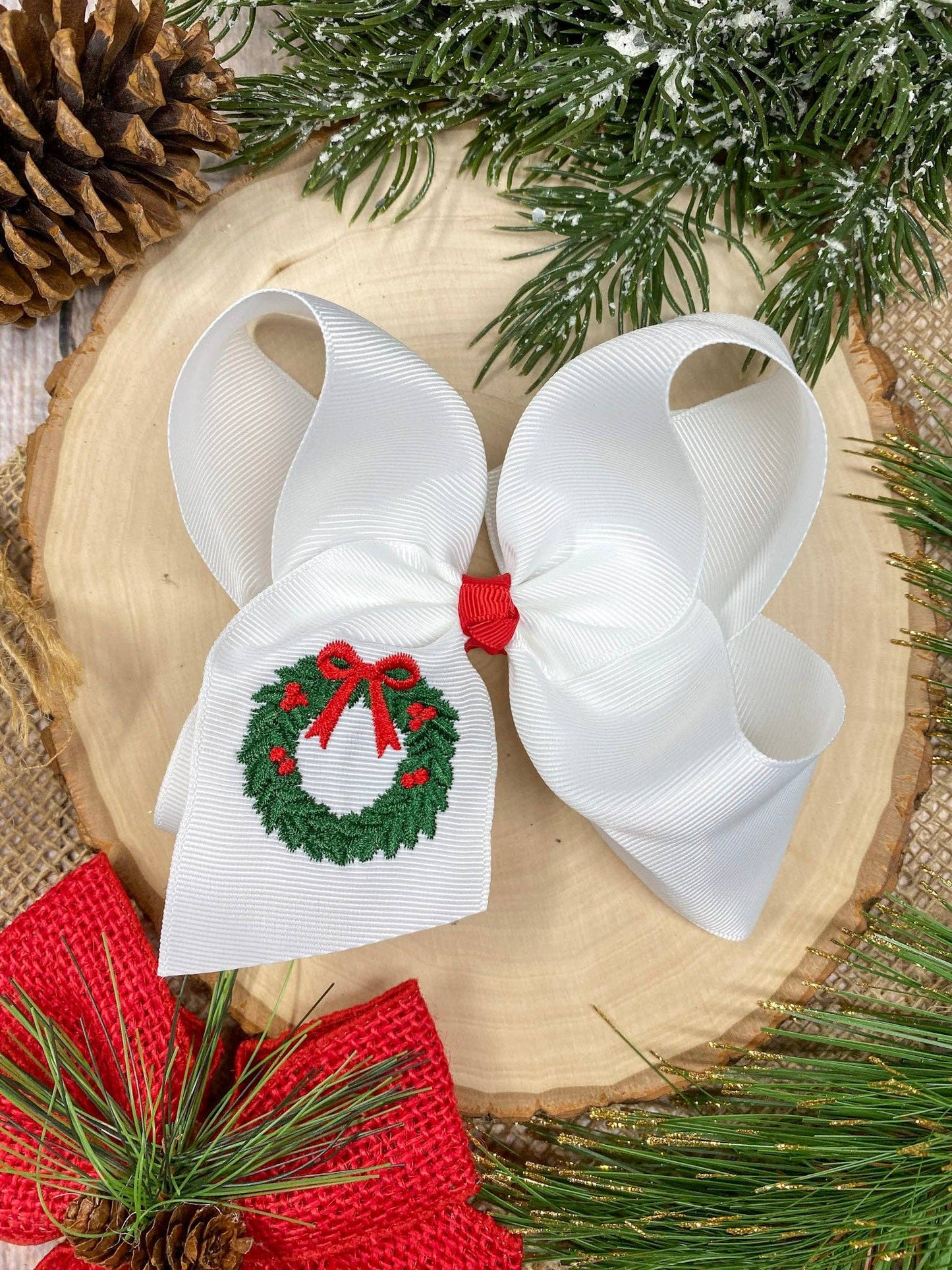 Wreath Embroidered Hair Bow | Christmas Hair Bow | Clip or Headband