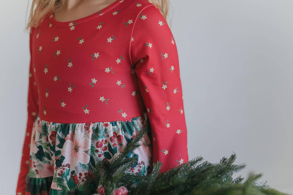 Oopsie Daisy - Girls Avery Long Sleeve Tiered Christmas Holiday Twirl Dress