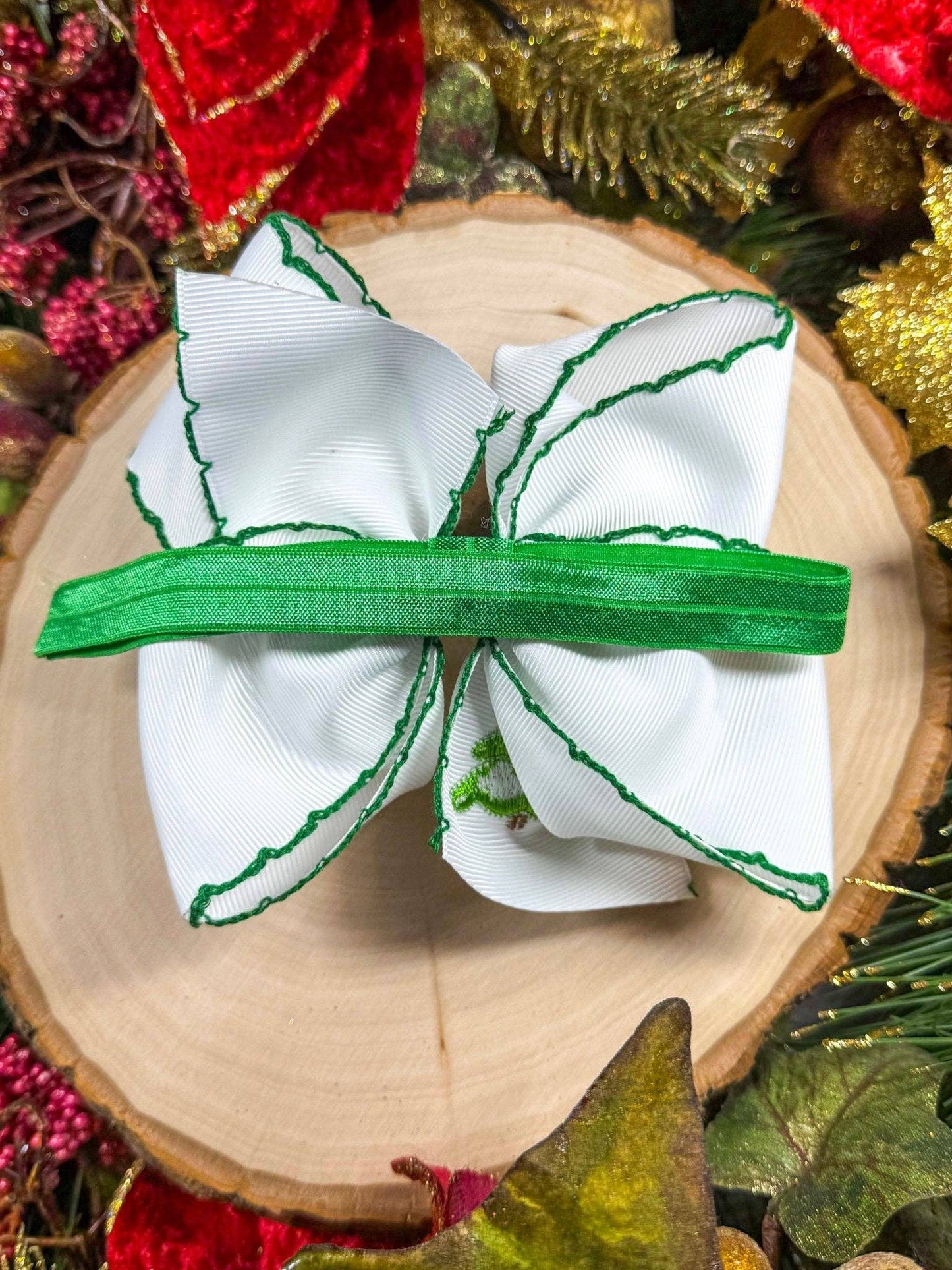 The Hair Bow Company - Christmas Tree Embroidered Hair Bow | Clip or Headband