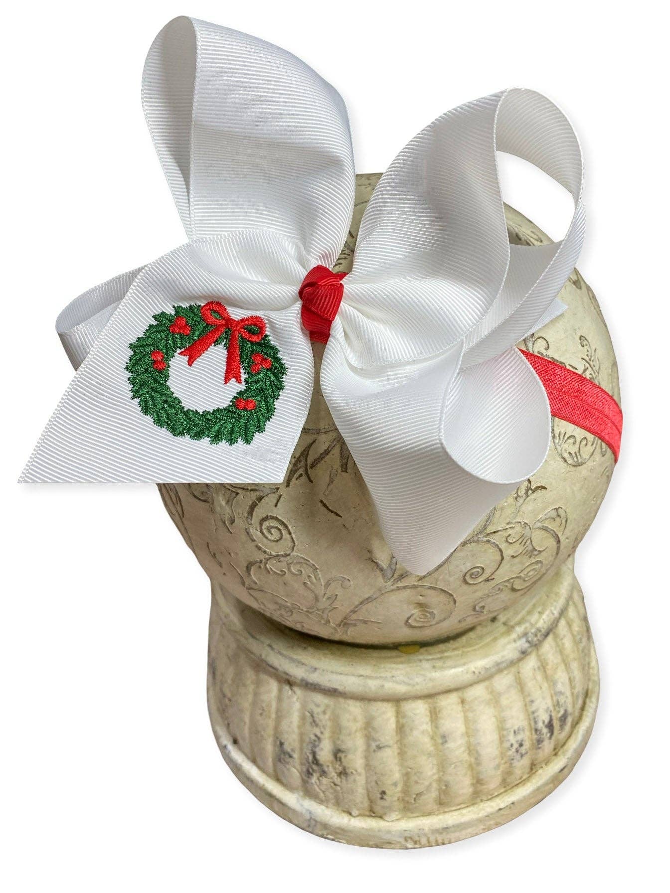 Wreath Embroidered Hair Bow | Christmas Hair Bow | Clip or Headband