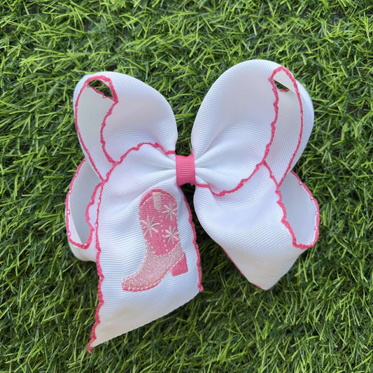 5.5" Embroidered western boot with moon stitch trim hair bow