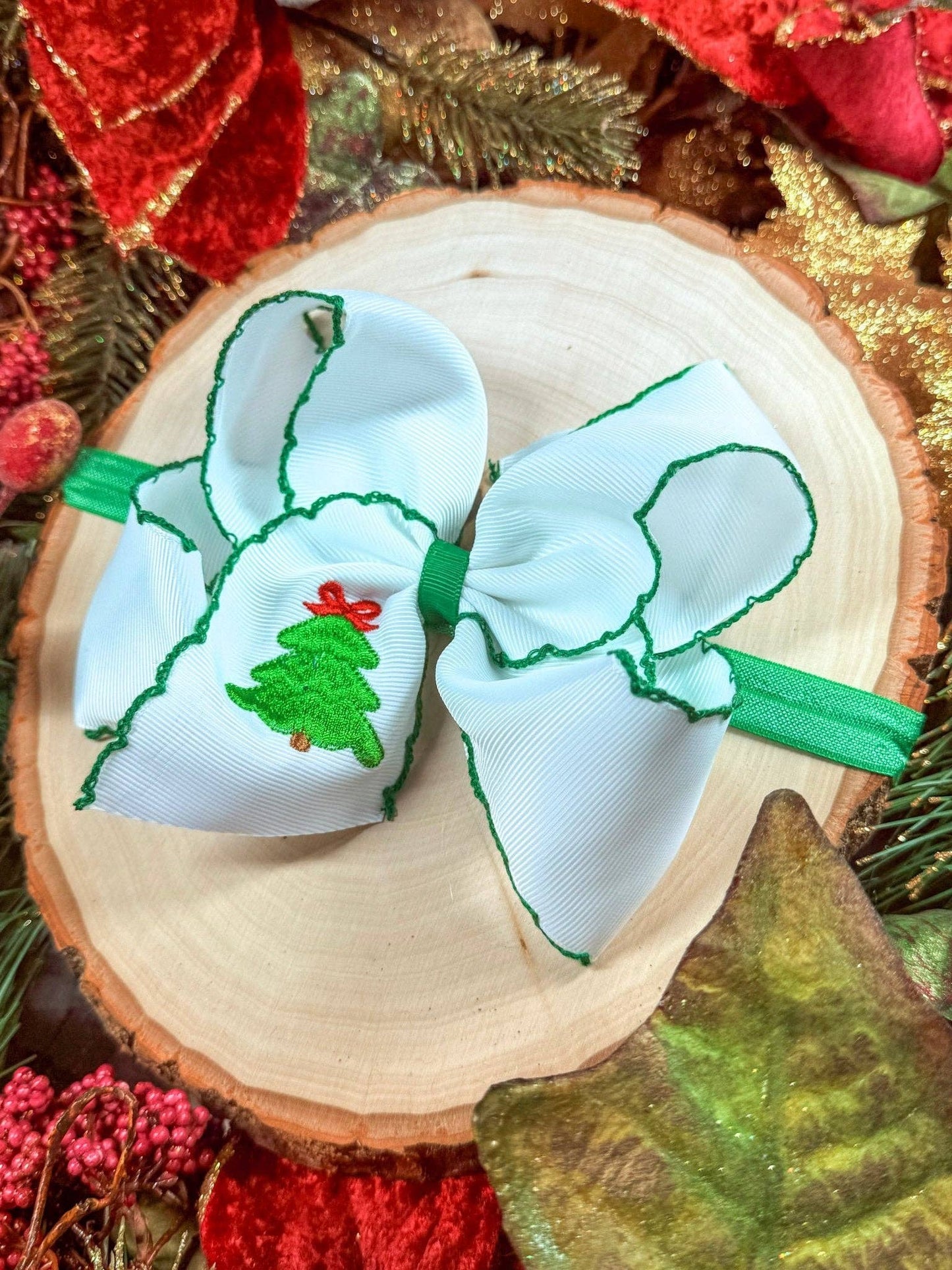 The Hair Bow Company - Christmas Tree Embroidered Hair Bow | Clip or Headband