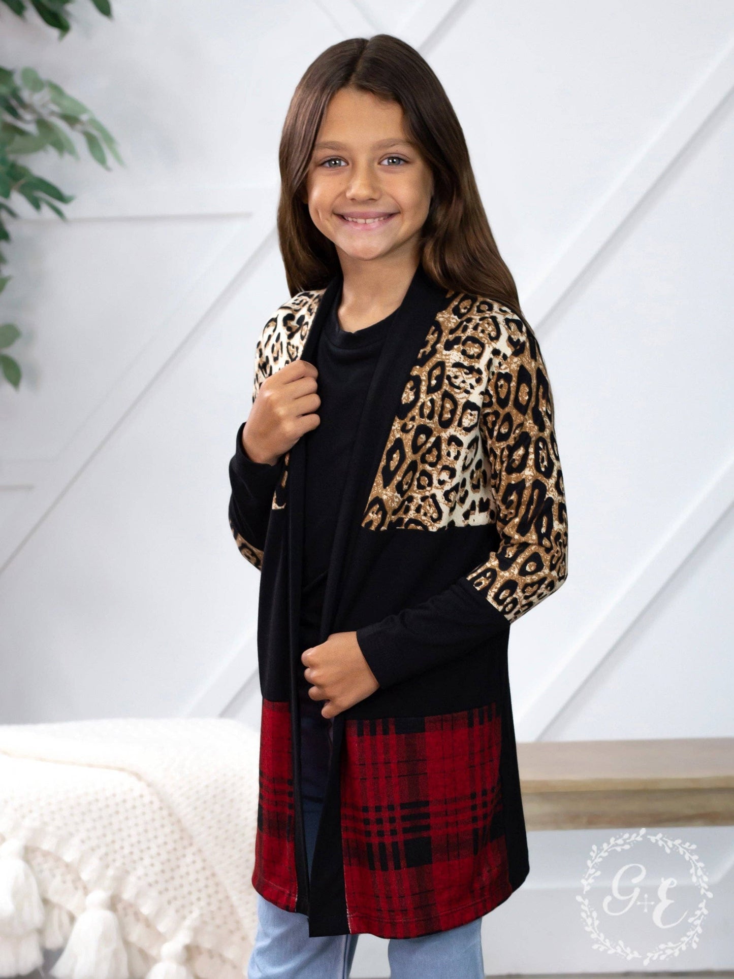 Girls' Chillin' Cardigan with Leopard and Plaid