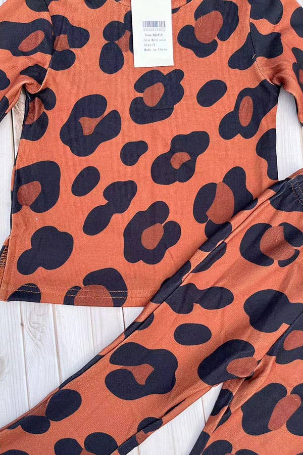 luluclothes - BQ2415 Brown leopard knited 2pc girls clothing sets