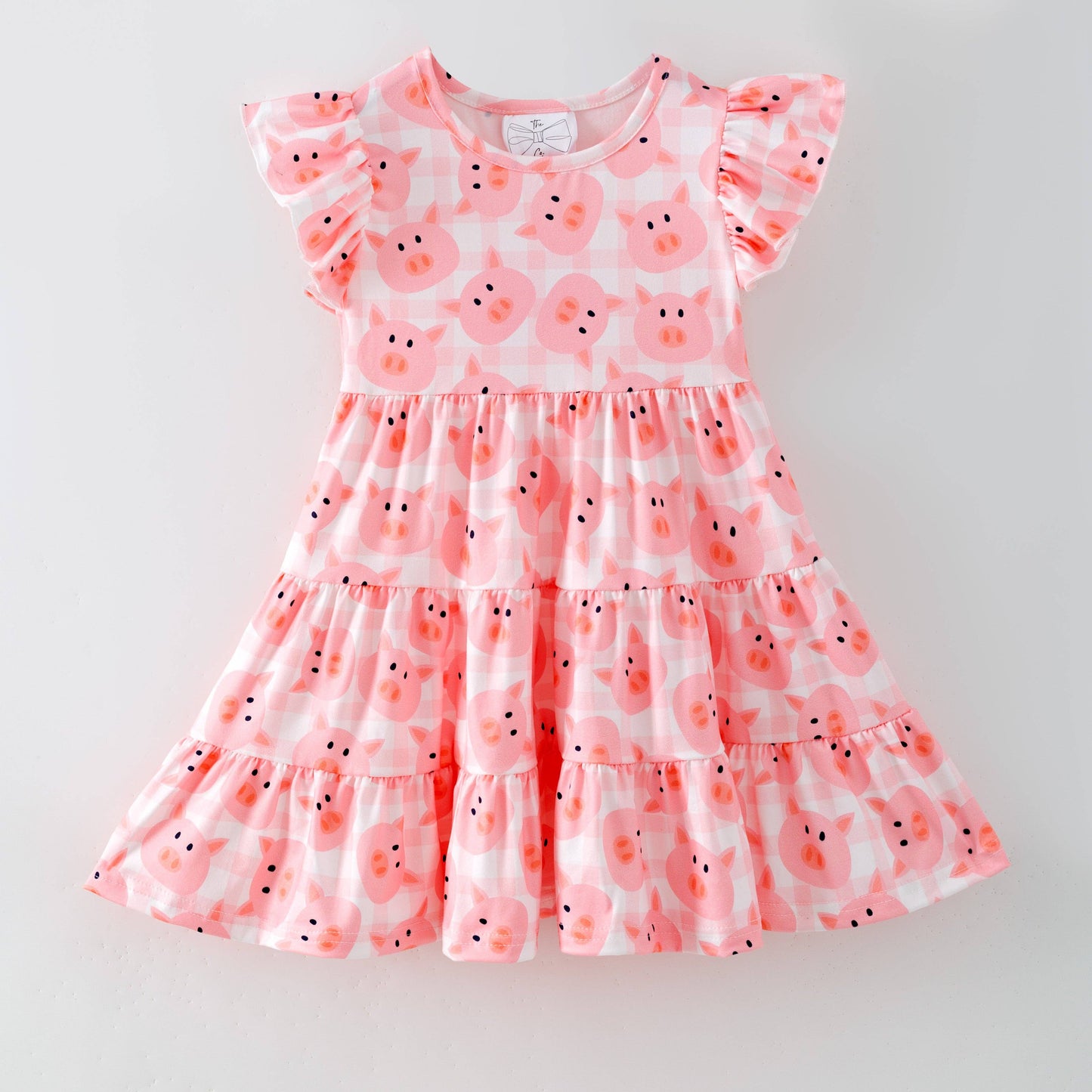Pink Pig Gingham Tiered Dress | Girls Farm Animal Ruffle Dress