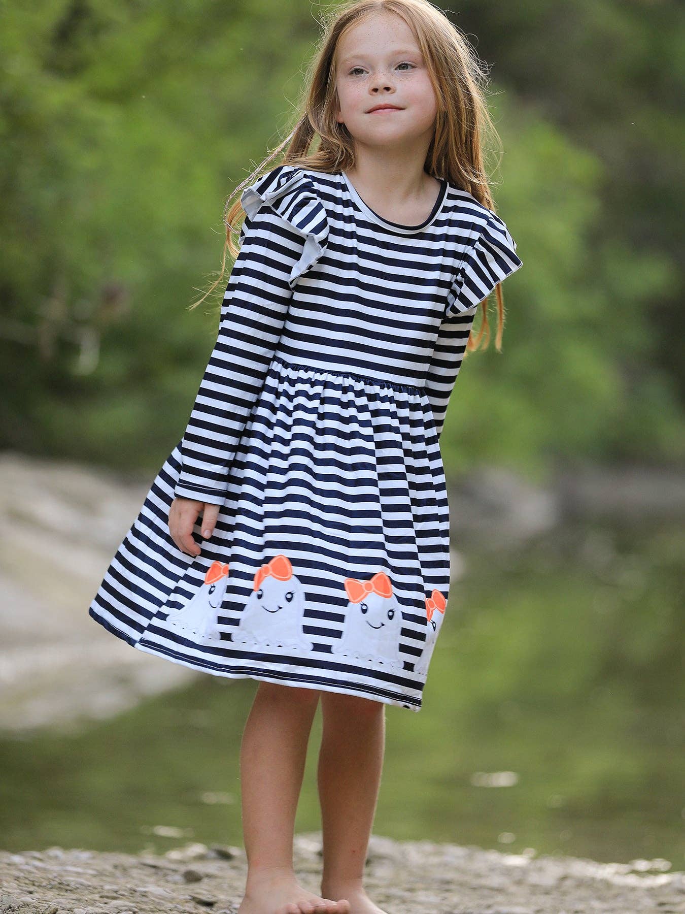 Rylee Faith Designs - Halloween Black and White Striped Print Girls Dress