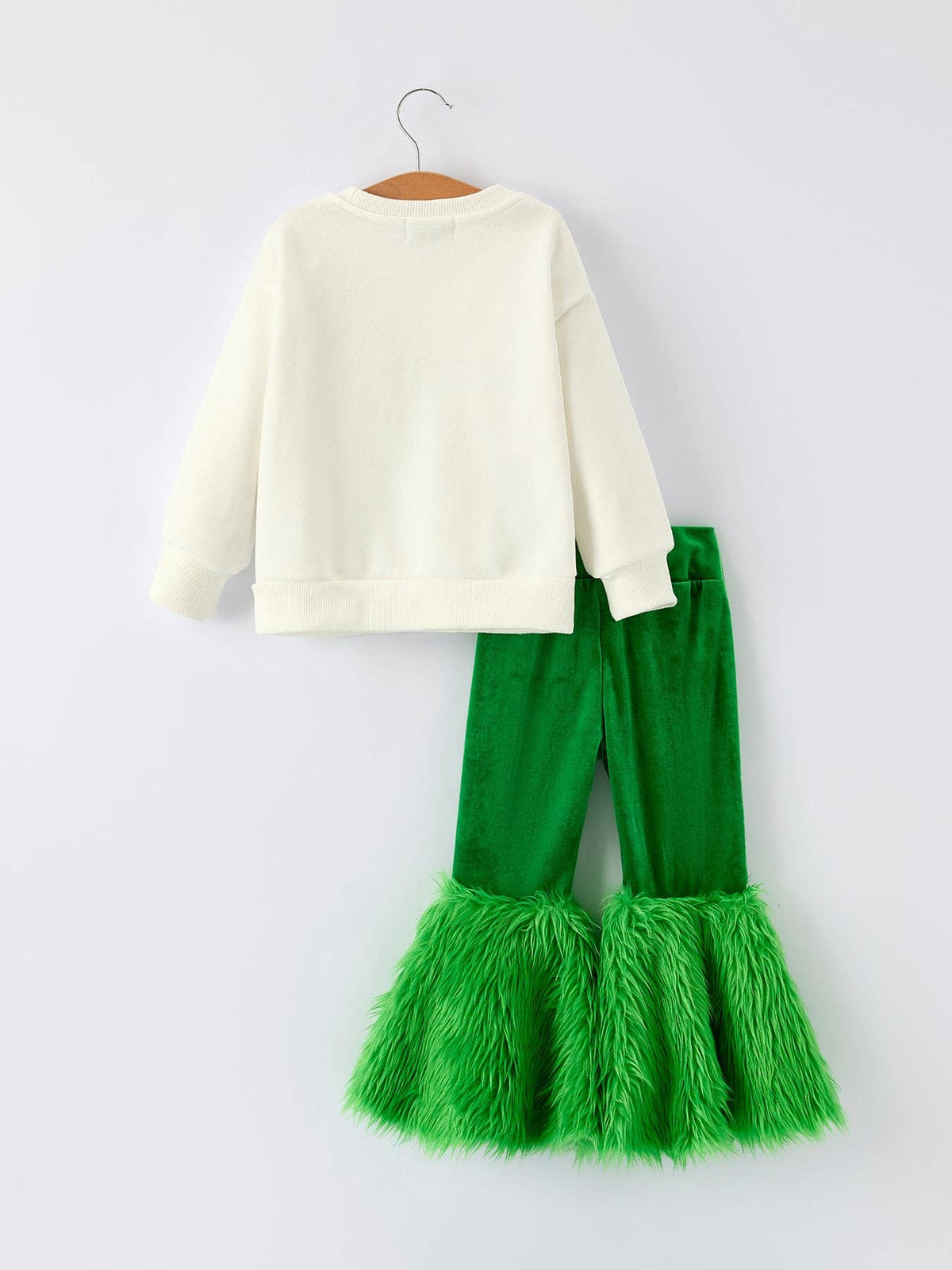 Rylee Faith Designs - Mommy & Me Christmas Bow Print Girls Outfit with Green Furry Bell Bottoms