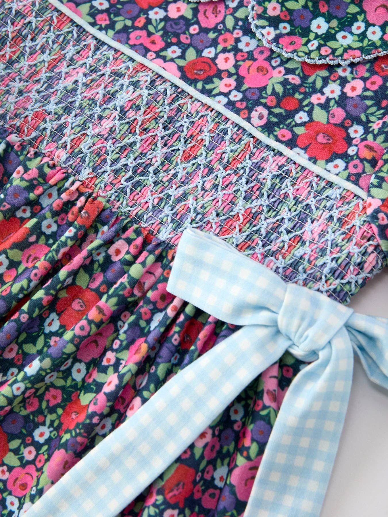 Rylee Faith Designs - Blue Bow Smocked Floral Girl Dress