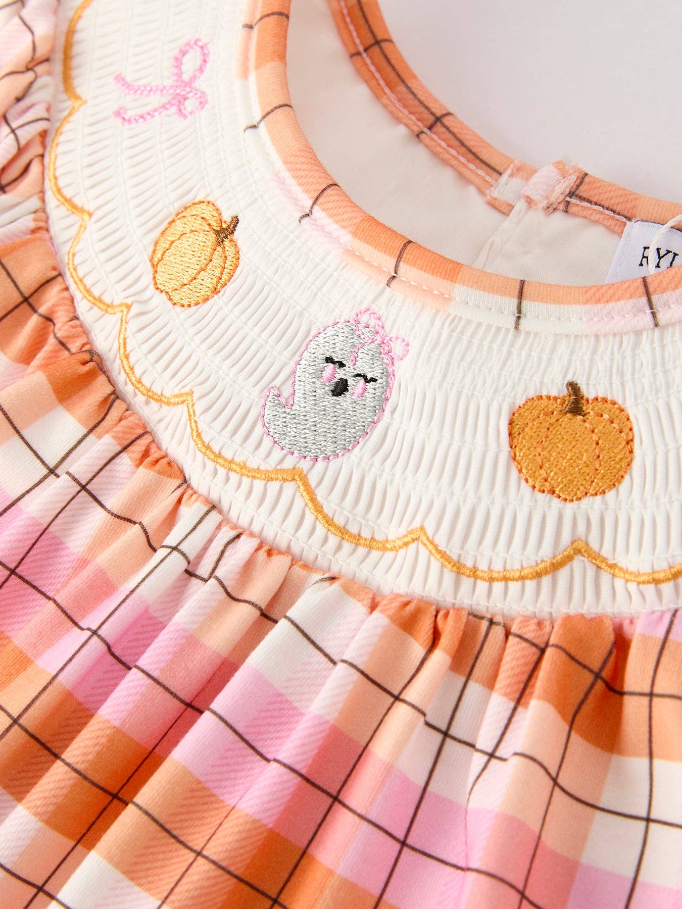 Rylee Faith Designs - Halloween Pumpkin Bow Ghost Smock Embroidered Plaid Girls Dress