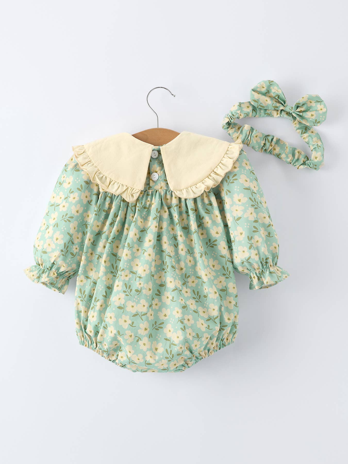 Spring Floral Print Long-Sleeved Romper and Dress Matching Headband