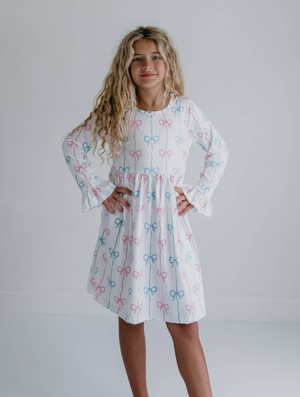 Girls Claire Coquette Pink & Blue Bow Winter Twirl Dress