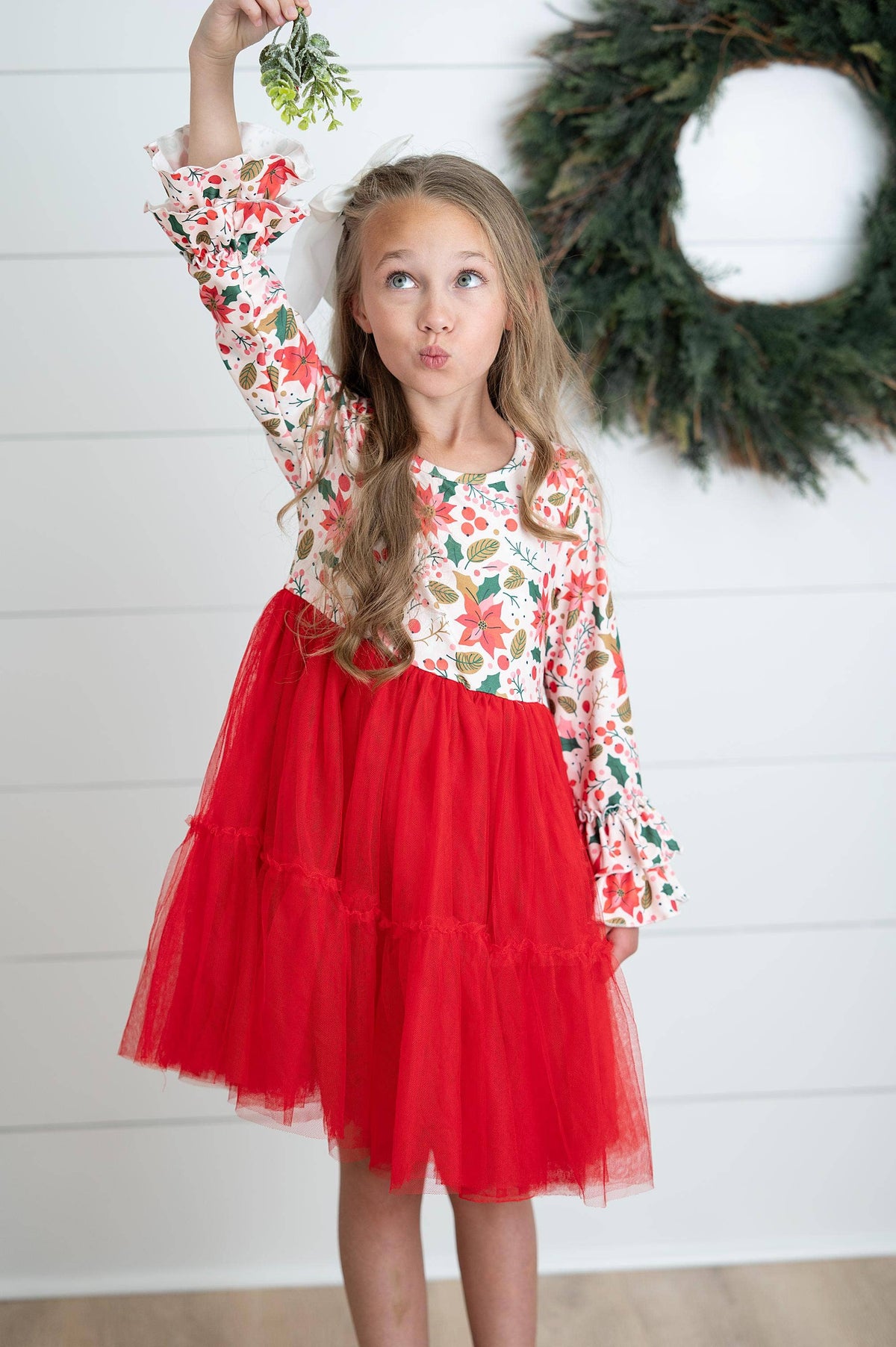 Girls Red Green Christmas Holiday Poinsettia Twirl Dress