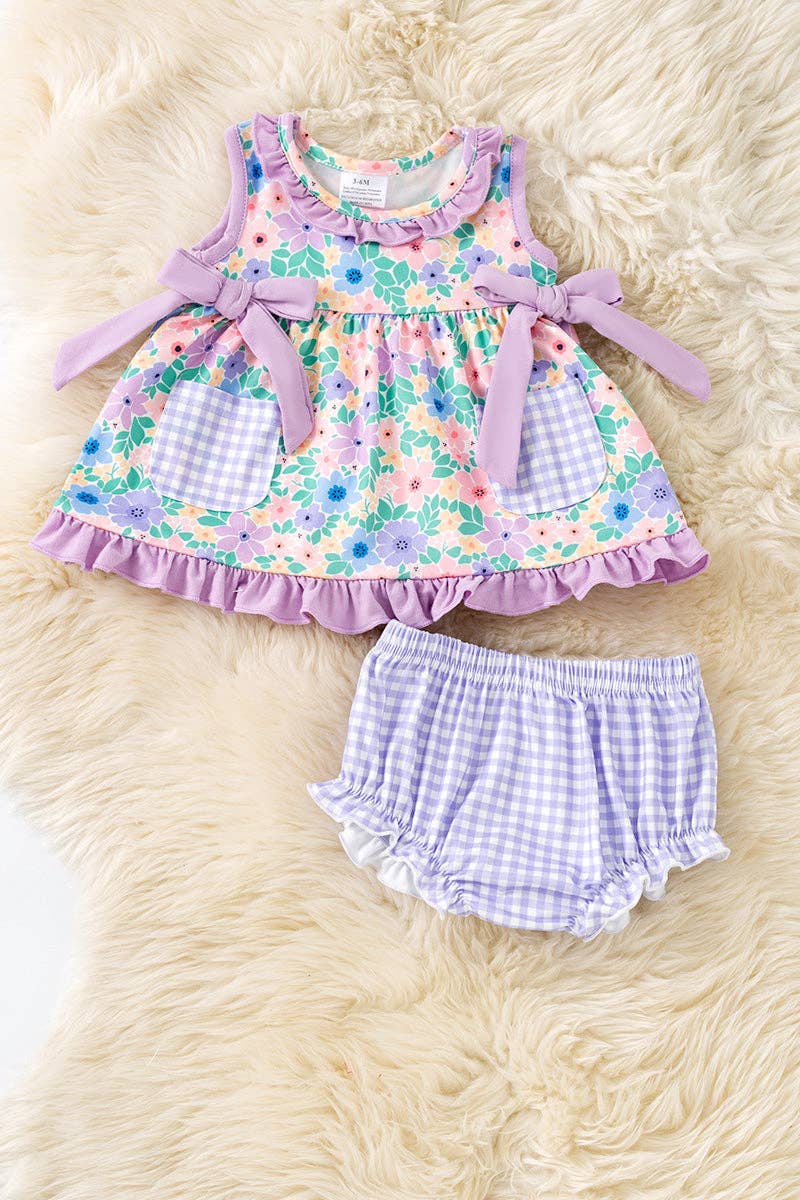 Kids Charm Online - Lilac trim floral printed runic and gingham pockets & pockets. RPG60329 JEAN
