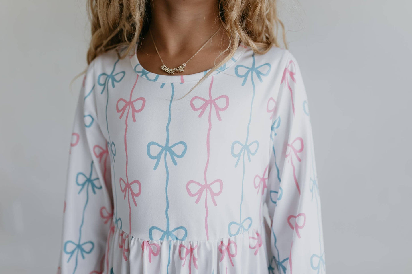 Girls Claire Coquette Pink & Blue Bow Winter Twirl Dress