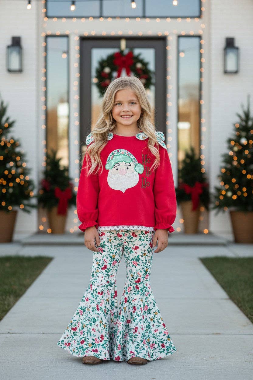 Kids Charm Online - Red Santa applique top and multi-printed bell bottoms. OFG63021 MON