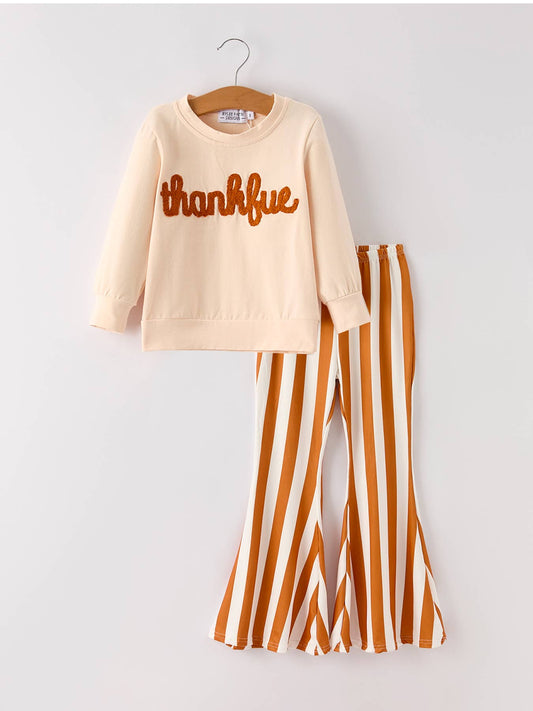 Fall Thanksgiving "thanksful" Chenille Patches Stripe Girls Long Sleeve Seth