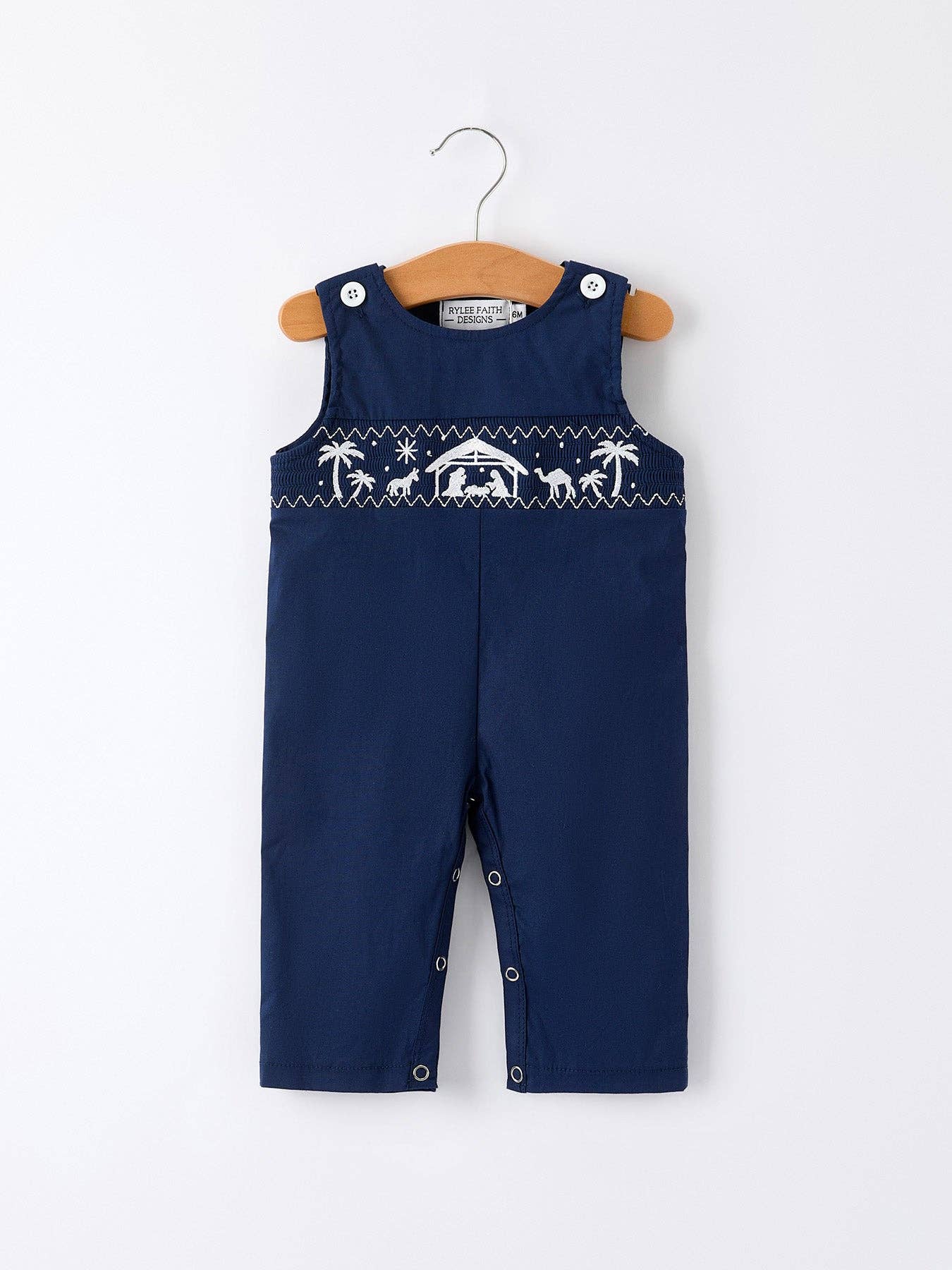 Rylee Faith Designs - Christmas Navy Blue Nativity Smocking Embroidered Baby Boy Romper