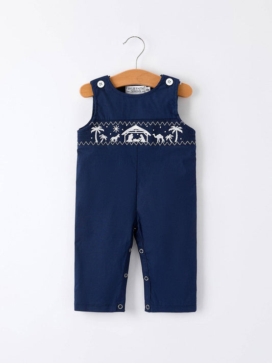 Rylee Faith Designs - Christmas Navy Blue Nativity Smocking Embroidered Baby Boy Romper
