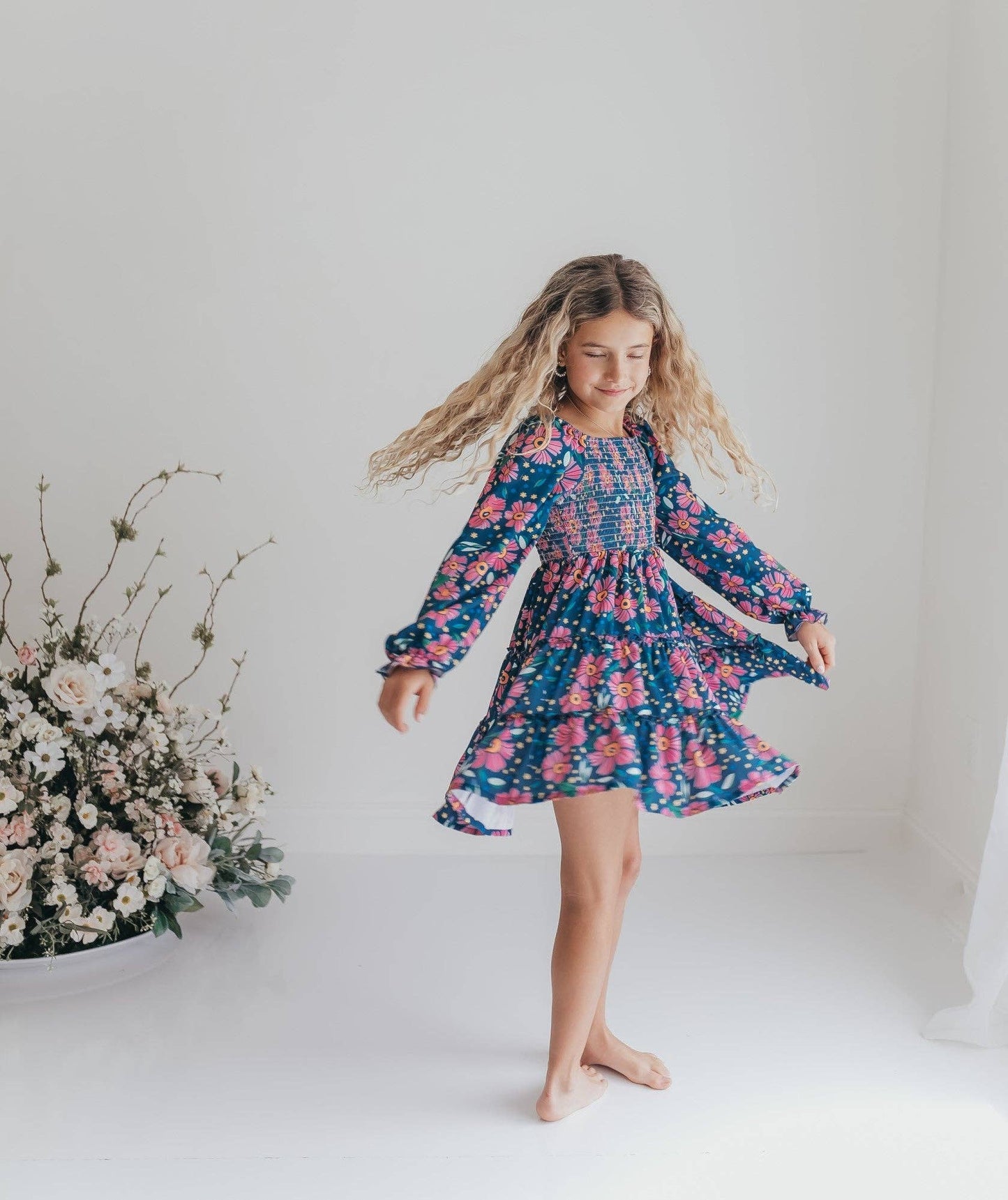 Oopsie Daisy - Girls Grace Blue & Pink Flower 3 Tiered Smocked Dress