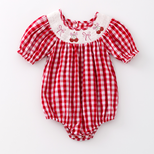 Baby Toddler Red Plaid Bow Cherry Smocked Romper
