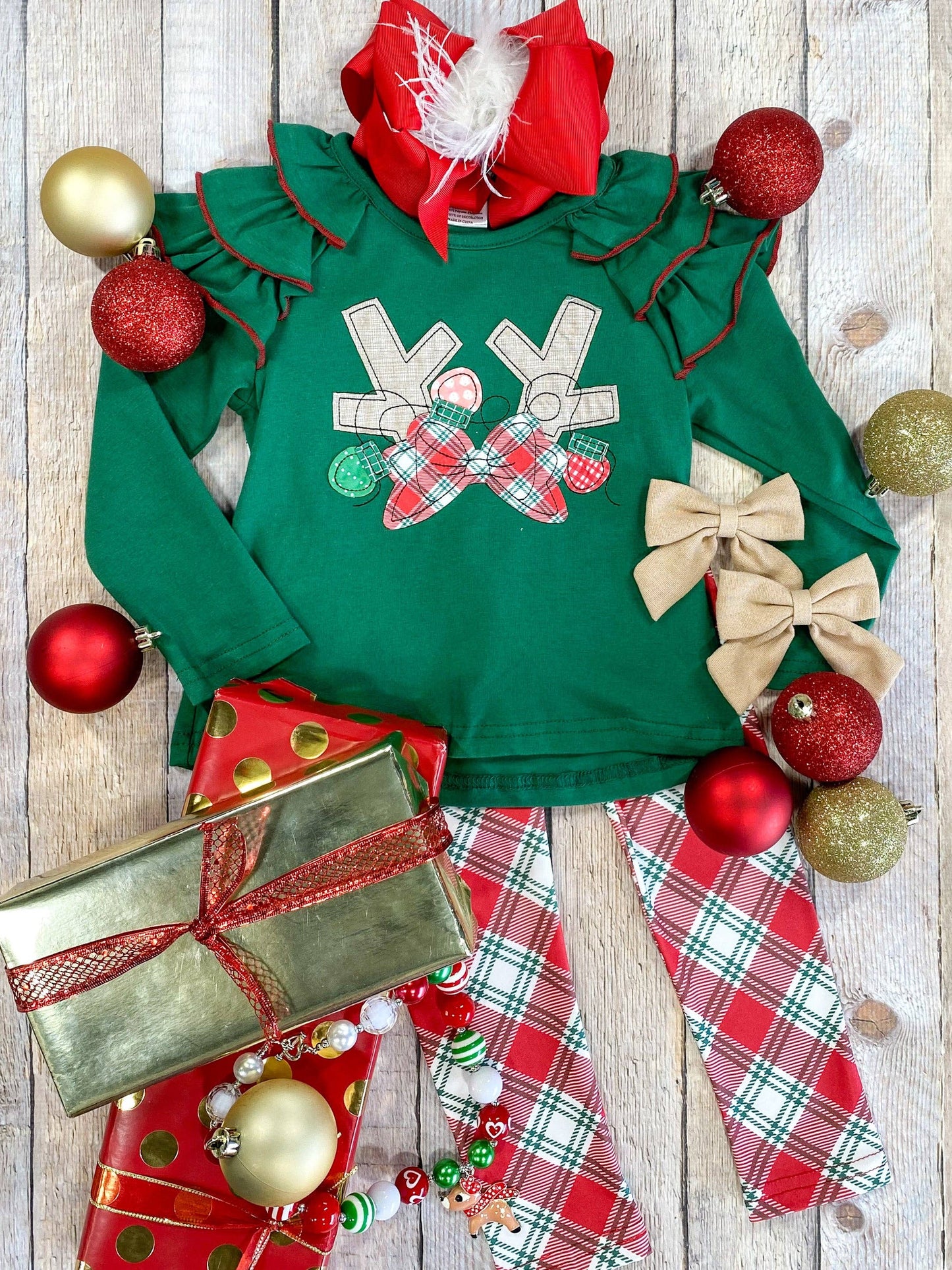 The Hair Bow Company - Antlers & Lights Plaid Leggings Set