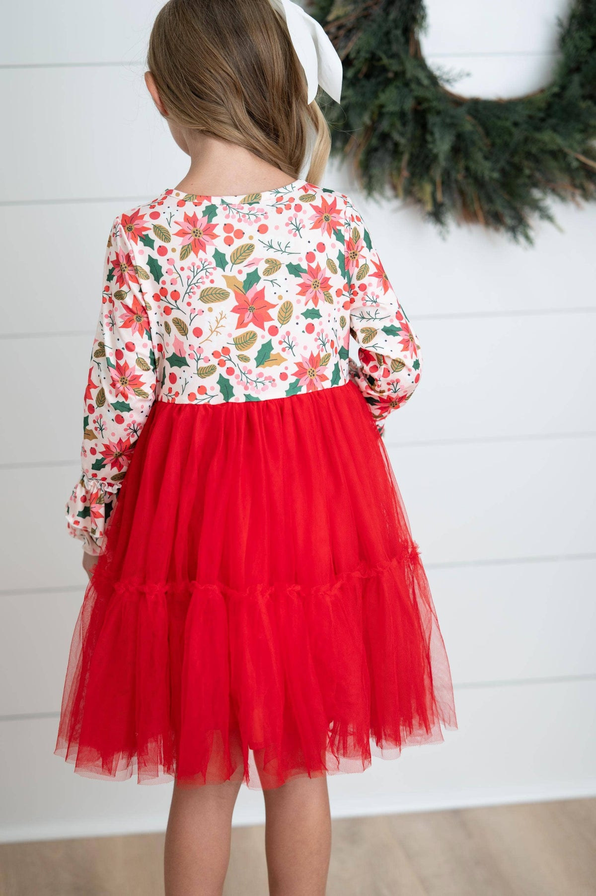 Girls Red Green Christmas Holiday Poinsettia Twirl Dress